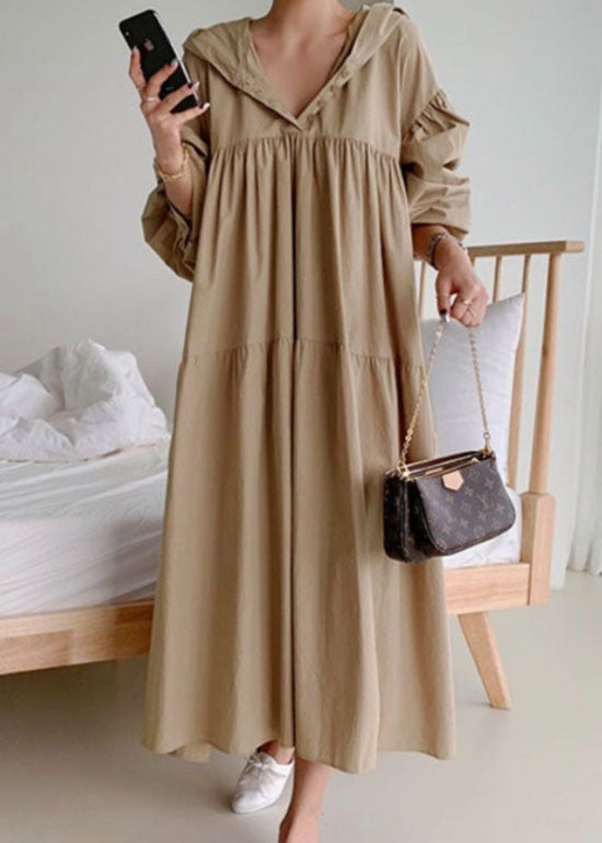 Khaki Patchwork Cotton Long Dresses Wrinkled Puff Sleeve LY2071 - fabuloryshop