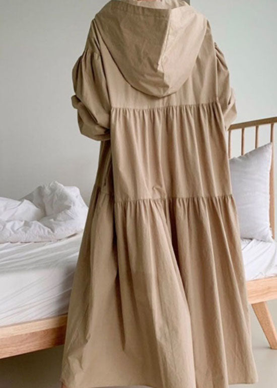 Khaki Patchwork Cotton Long Dresses Wrinkled Puff Sleeve LY2071 - fabuloryshop