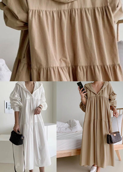 Khaki Patchwork Cotton Long Dresses Wrinkled Puff Sleeve LY2071 - fabuloryshop