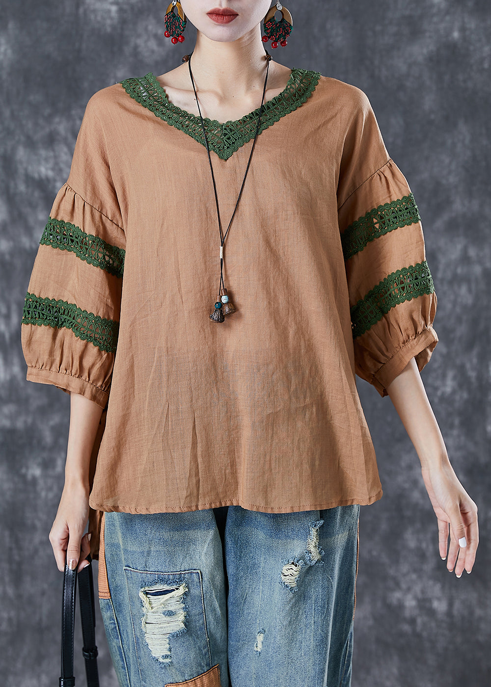 Khaki Patchwork Linen Blouse Top V Neck Hollow Out Puff Sleeve LY6777 - fabuloryshop