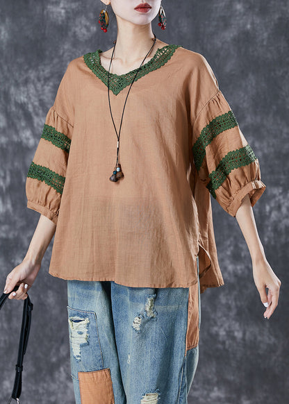 Khaki Patchwork Linen Blouse Top V Neck Hollow Out Puff Sleeve LY6777 - fabuloryshop