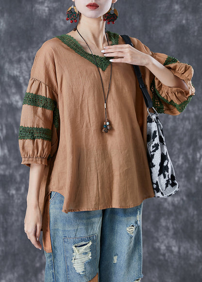 Khaki Patchwork Linen Blouse Top V Neck Hollow Out Puff Sleeve LY6777 - fabuloryshop