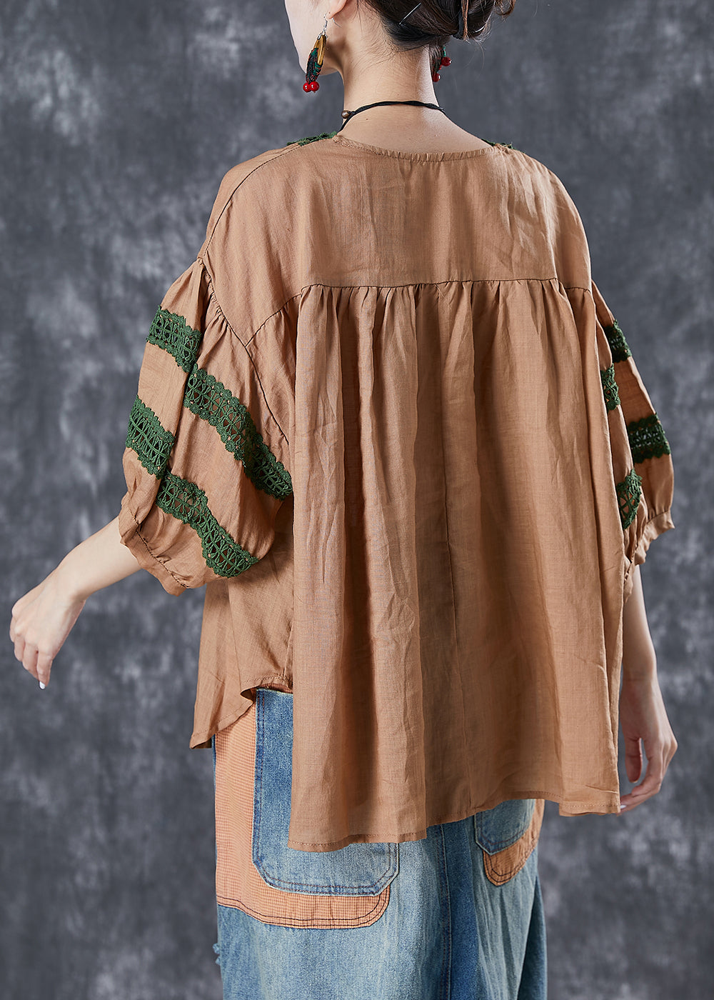 Khaki Patchwork Linen Blouse Top V Neck Hollow Out Puff Sleeve LY6777 - fabuloryshop