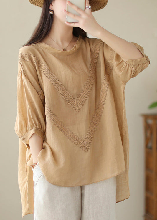 Khaki Patchwork Linen Shirt Oversized Low High Design Summer Ada Fashion