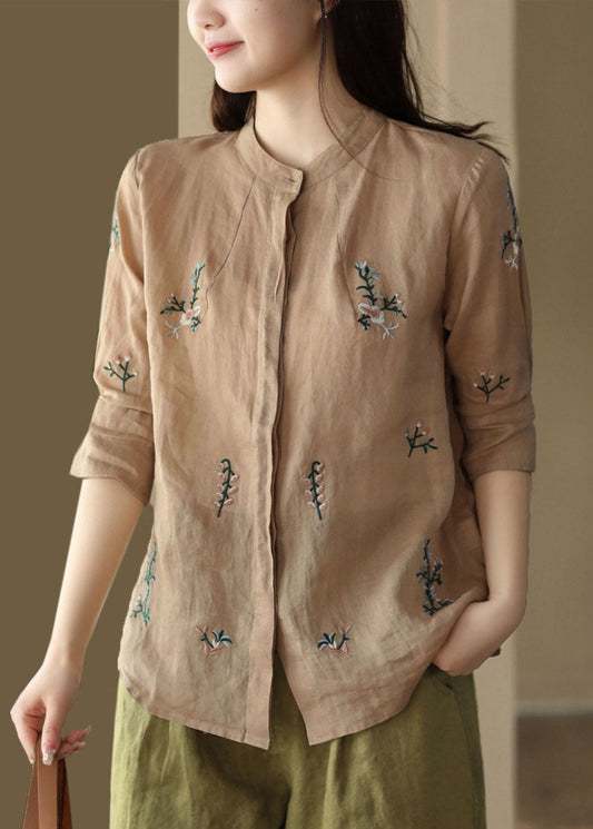 Khaki Patchwork Linen Tops Embroideried Stand Collar Button Summer LY5053 - fabuloryshop