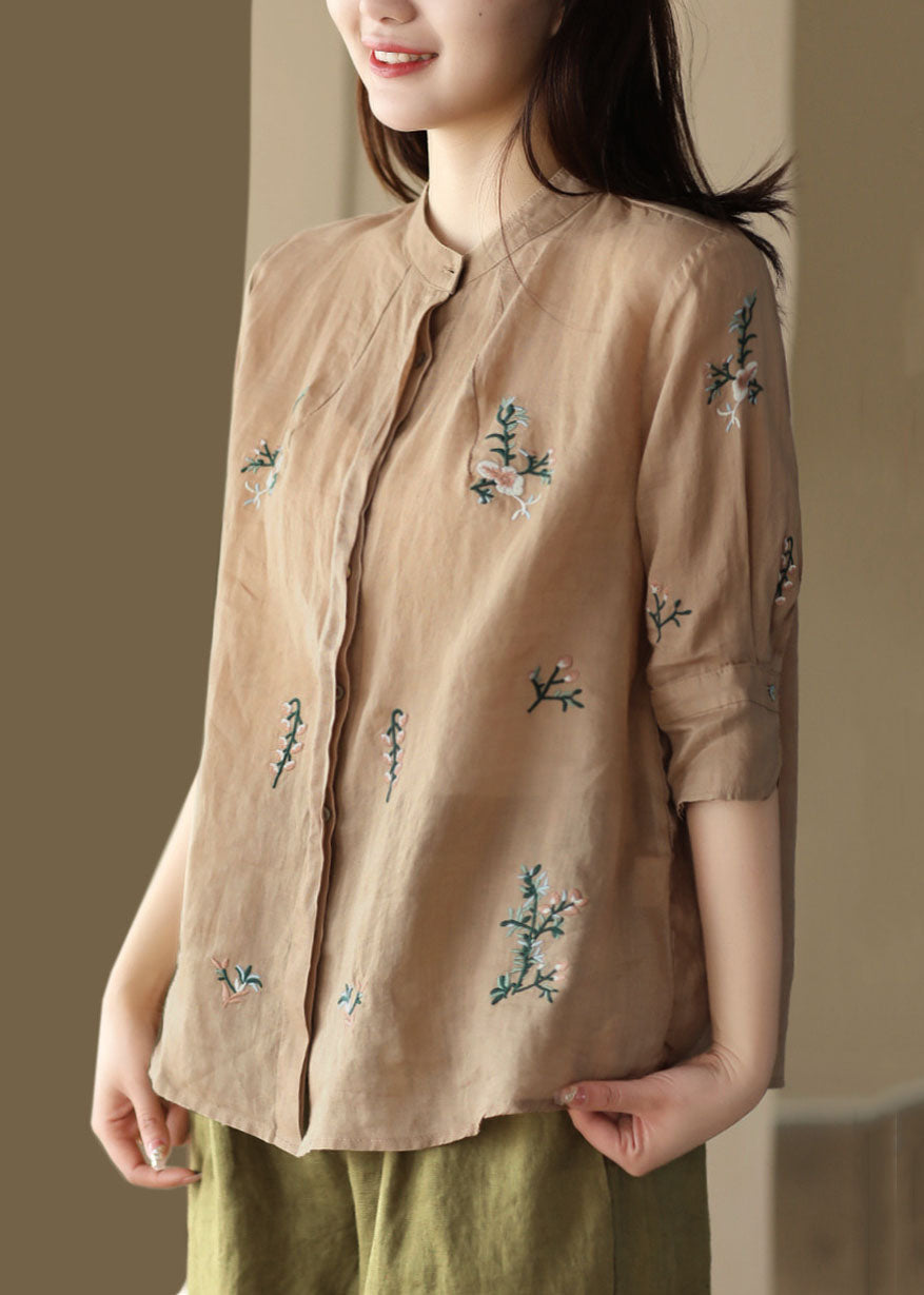 Khaki Patchwork Linen Tops Embroideried Stand Collar Button Summer LY5053 - fabuloryshop