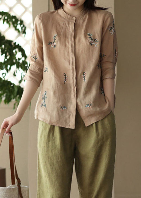 Khaki Patchwork Linen Tops Embroideried Stand Collar Button Summer LY5053 - fabuloryshop