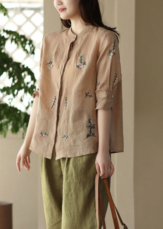 Khaki Patchwork Linen Tops Embroideried Stand Collar Button Summer LY5053 - fabuloryshop