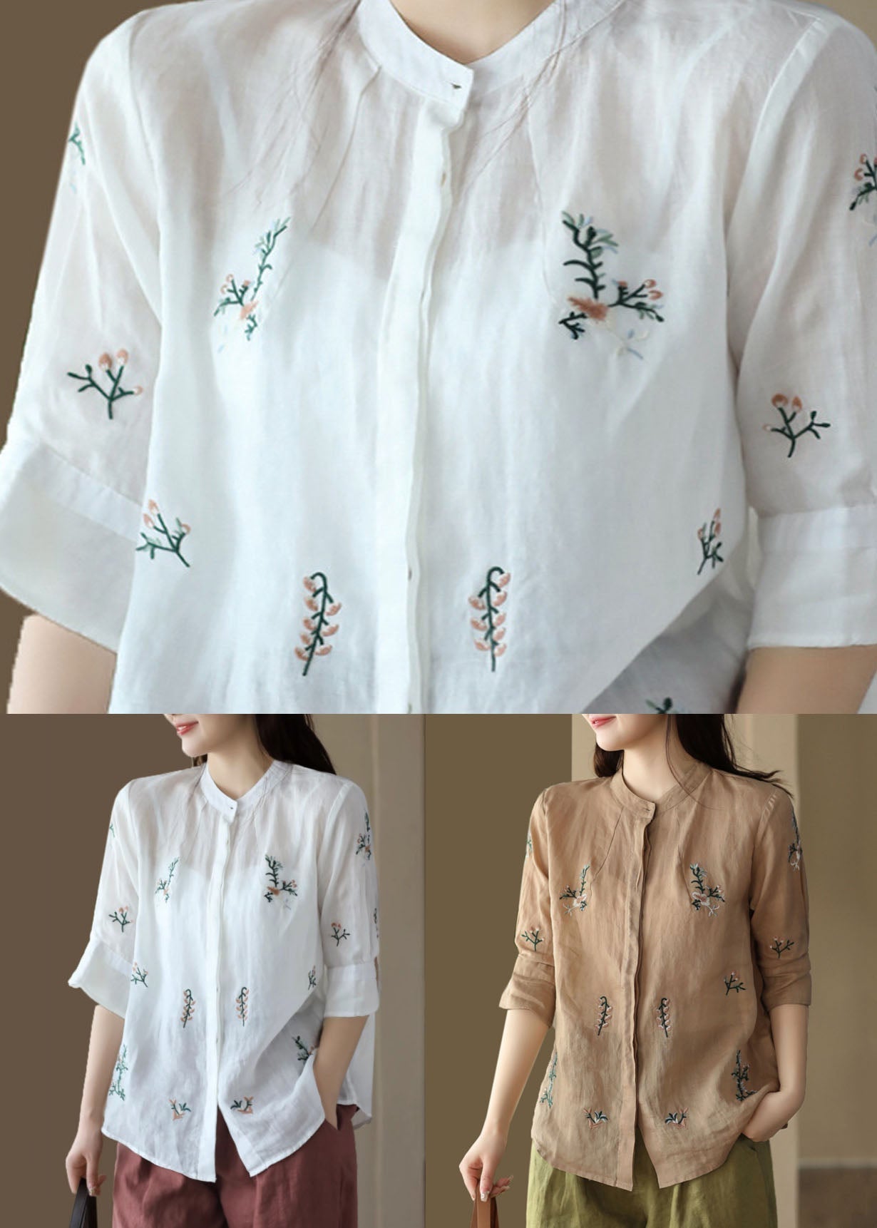 Khaki Patchwork Linen Tops Embroideried Stand Collar Button Summer LY5053 - fabuloryshop