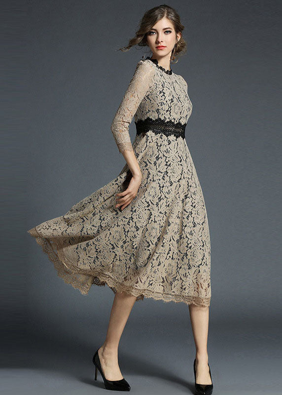 Khaki Patchwork Slim Fit Lace Long Dresses Wrinkled Bracelet Sleeve LY7409 - fabuloryshop