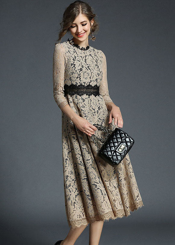 Khaki Patchwork Slim Fit Lace Long Dresses Wrinkled Bracelet Sleeve LY7409 - fabuloryshop