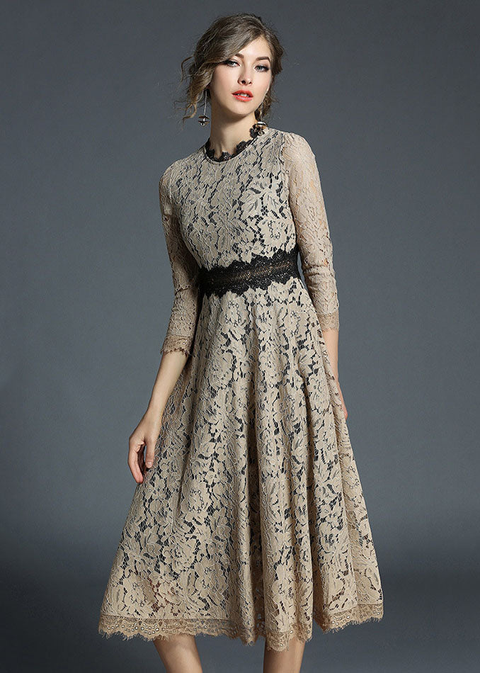 Khaki Patchwork Slim Fit Lace Long Dresses Wrinkled Bracelet Sleeve LY7409 - fabuloryshop