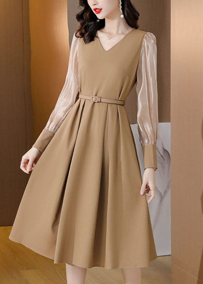 Khaki Patchwork Spandex A Line Dresses Cinched Spring LC0072 - fabuloryshop