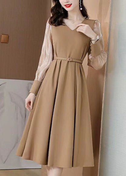 Khaki Patchwork Spandex A Line Dresses Cinched Spring LC0072 - fabuloryshop