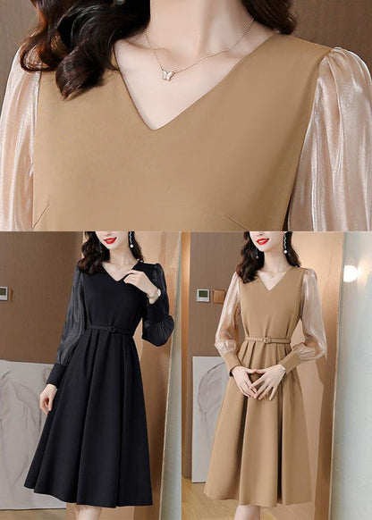 Khaki Patchwork Spandex A Line Dresses Cinched Spring LC0072 - fabuloryshop