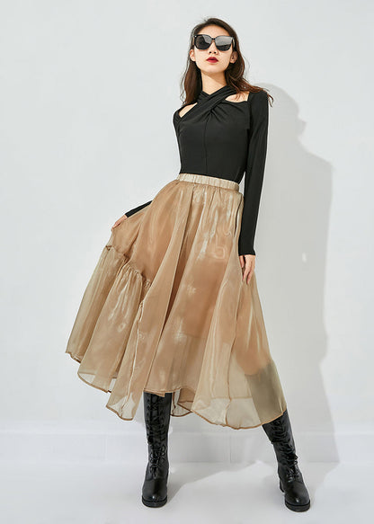 Khaki Patchwork Tulle Skirts Wrinkled Exra Large Hem Summer LY0812 - fabuloryshop