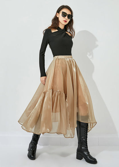 Khaki Patchwork Tulle Skirts Wrinkled Exra Large Hem Summer LY0812 - fabuloryshop