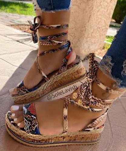 Khaki Peep Toe Faux Leather Splicing Lace Up Platform Sandals LY2676 - fabuloryshop