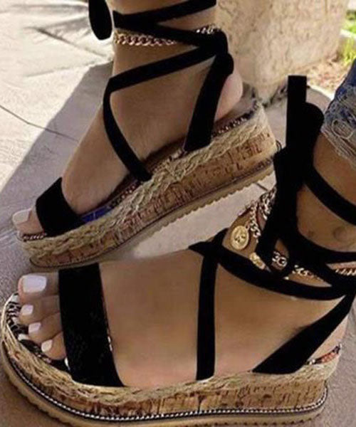 Khaki Peep Toe Faux Leather Splicing Lace Up Platform Sandals LY2676 - fabuloryshop