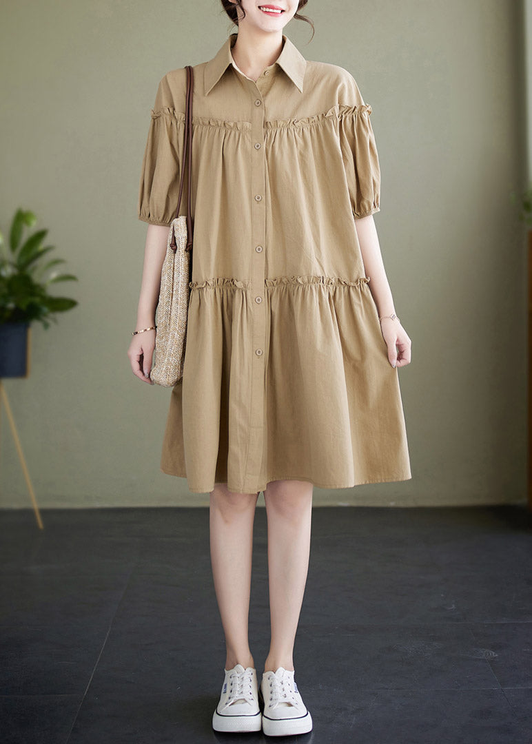 Khaki Peter Pan Collar Button Cotton Mid Dress Short Sleeve LY2969 - fabuloryshop