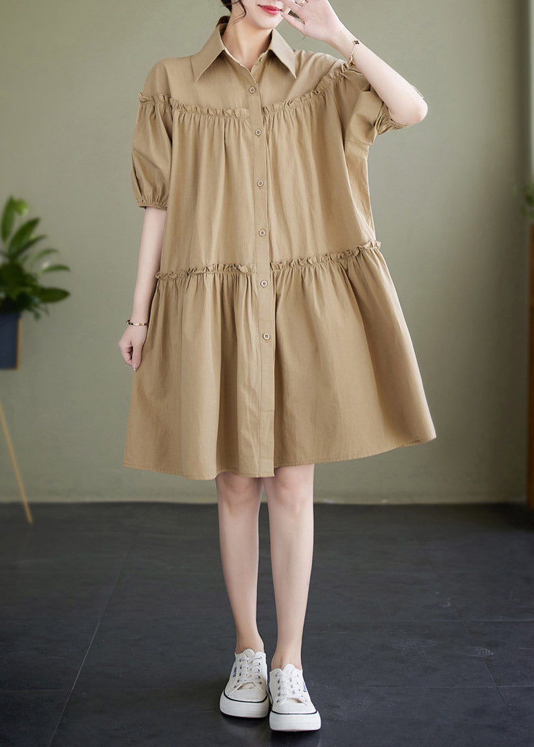 Khaki Peter Pan Collar Button Cotton Mid Dress Short Sleeve LY2969 - fabuloryshop