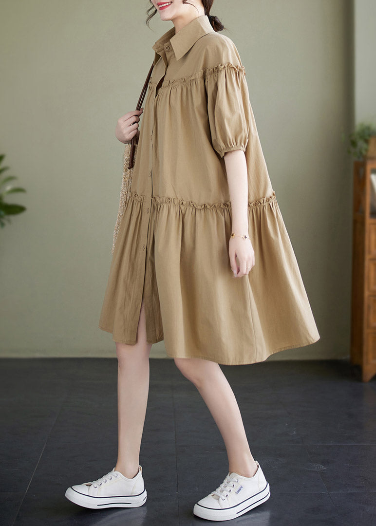 Khaki Peter Pan Collar Button Cotton Mid Dress Short Sleeve LY2969 - fabuloryshop