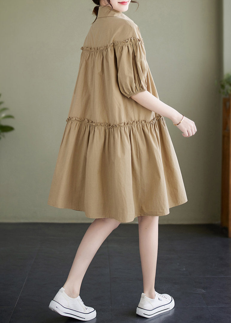 Khaki Peter Pan Collar Button Cotton Mid Dress Short Sleeve LY2969 - fabuloryshop