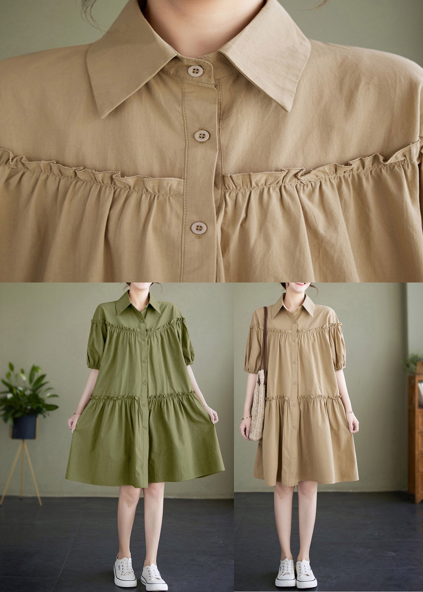 Khaki Peter Pan Collar Button Cotton Mid Dress Short Sleeve LY2969 - fabuloryshop