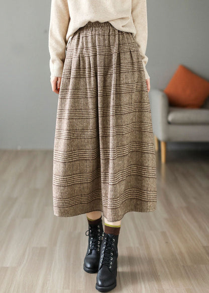 Khaki Plaid Cotton A Line Skirt Elastic Waist Thick Spring TG1062 - fabuloryshop