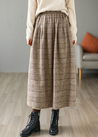 Khaki Plaid Cotton A Line Skirt Elastic Waist Thick Spring TG1062 - fabuloryshop