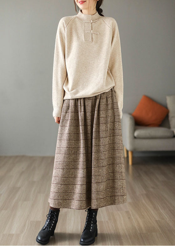 Khaki Plaid Cotton A Line Skirt Elastic Waist Thick Spring TG1062 - fabuloryshop