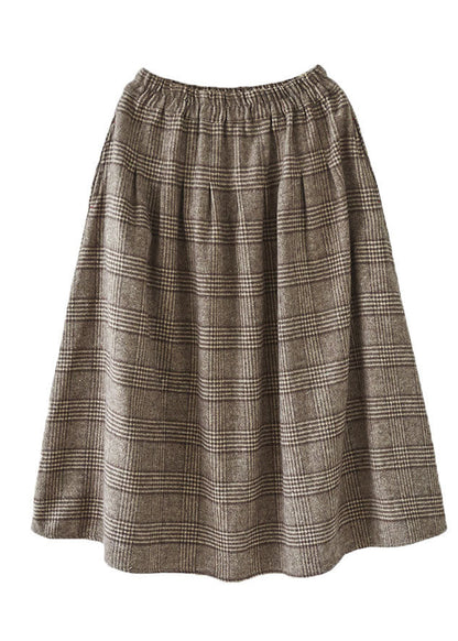 Khaki Plaid Cotton A Line Skirt Elastic Waist Thick Spring TG1062 - fabuloryshop