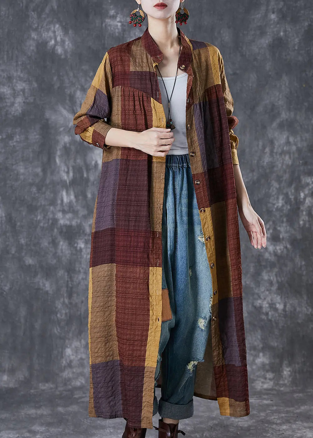 Khaki Plaid Linen Maxi Dresses Oversized Fall Ada Fashion