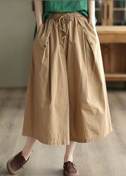 Khaki Pockets Patchwork Cotton Crop Pants Elastic Waist Summer LY5272 - fabuloryshop