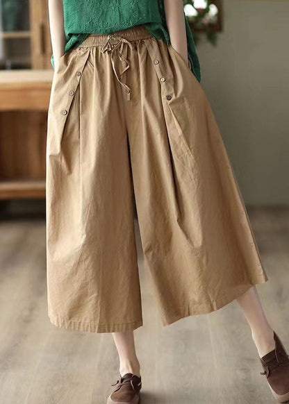 Khaki Pockets Patchwork Cotton Crop Pants Elastic Waist Summer LY5272 - fabuloryshop