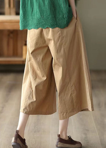 Khaki Pockets Patchwork Cotton Crop Pants Elastic Waist Summer LY5272 - fabuloryshop