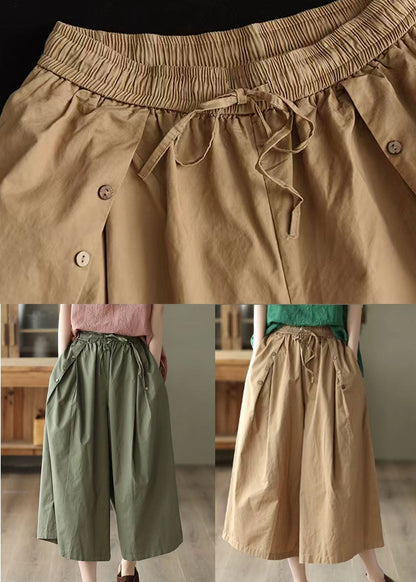 Khaki Pockets Patchwork Cotton Crop Pants Elastic Waist Summer LY5272 - fabuloryshop