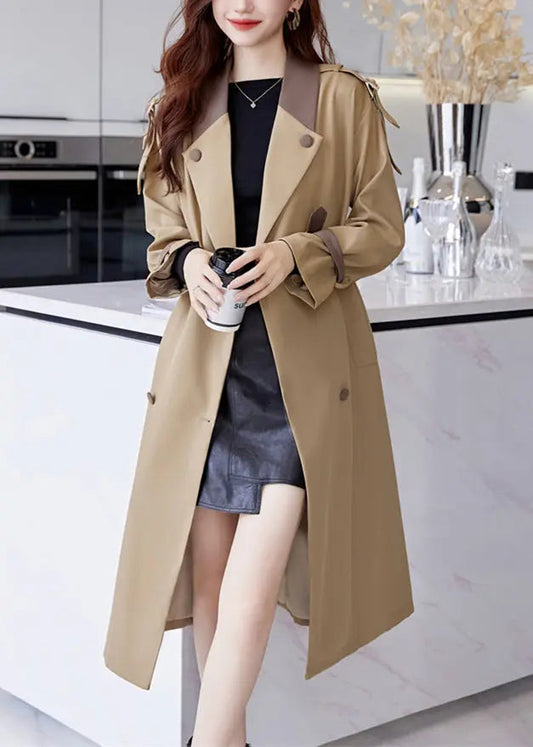 Khaki Pockets Patchwork Cotton Trench Coat Notched Long Sleeve Ada Fashion