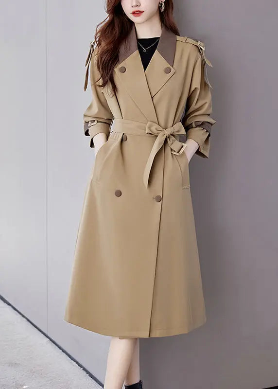 Khaki Pockets Patchwork Cotton Trench Coat Notched Long Sleeve Ada Fashion