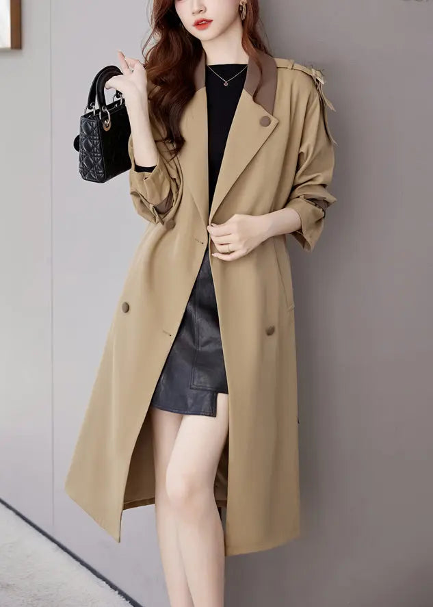 Khaki Pockets Patchwork Cotton Trench Coat Notched Long Sleeve Ada Fashion