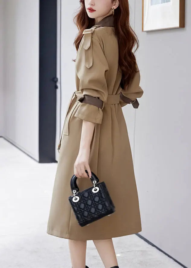 Khaki Pockets Patchwork Cotton Trench Coat Notched Long Sleeve Ada Fashion