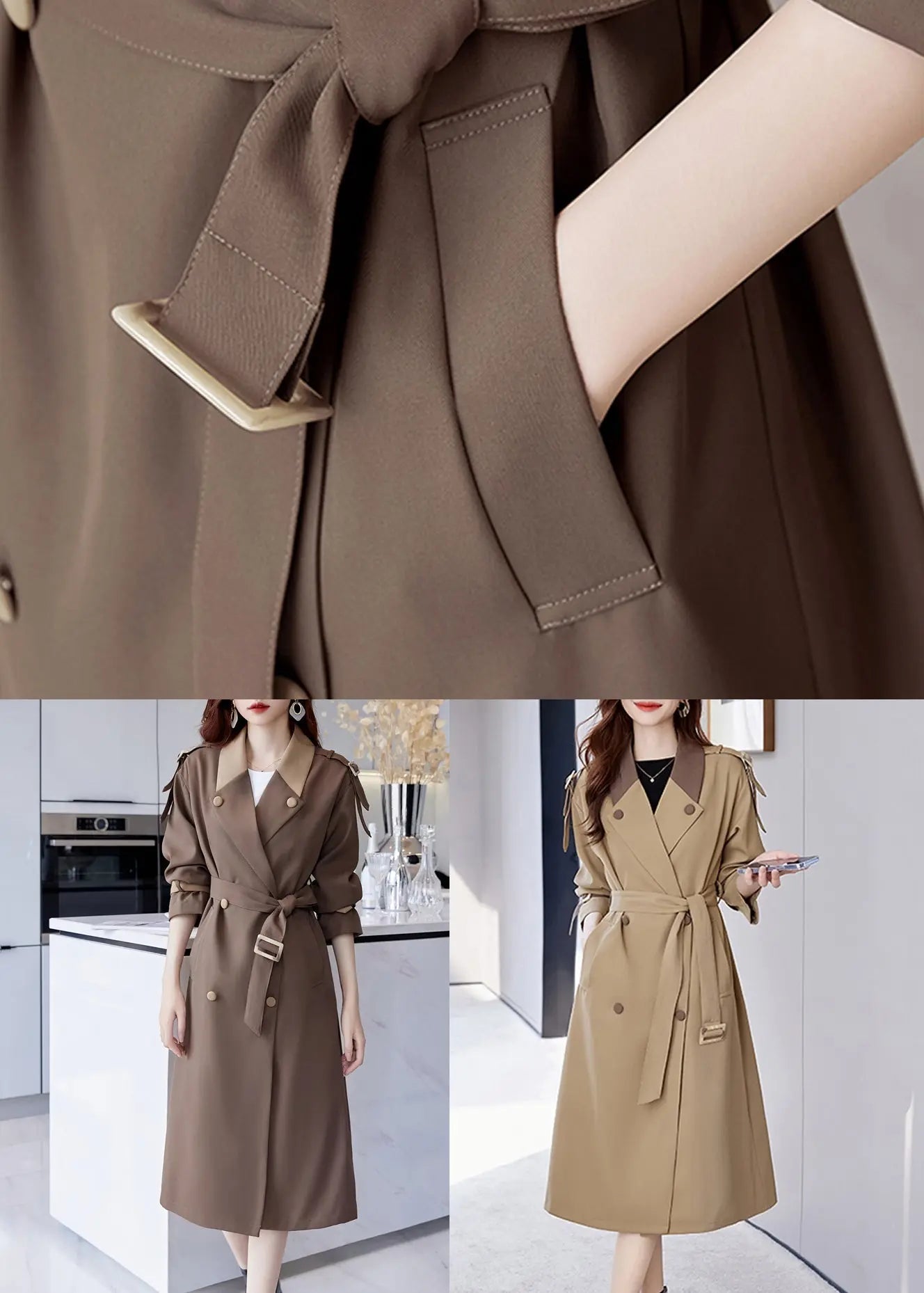 Khaki Pockets Patchwork Cotton Trench Coat Notched Long Sleeve Ada Fashion