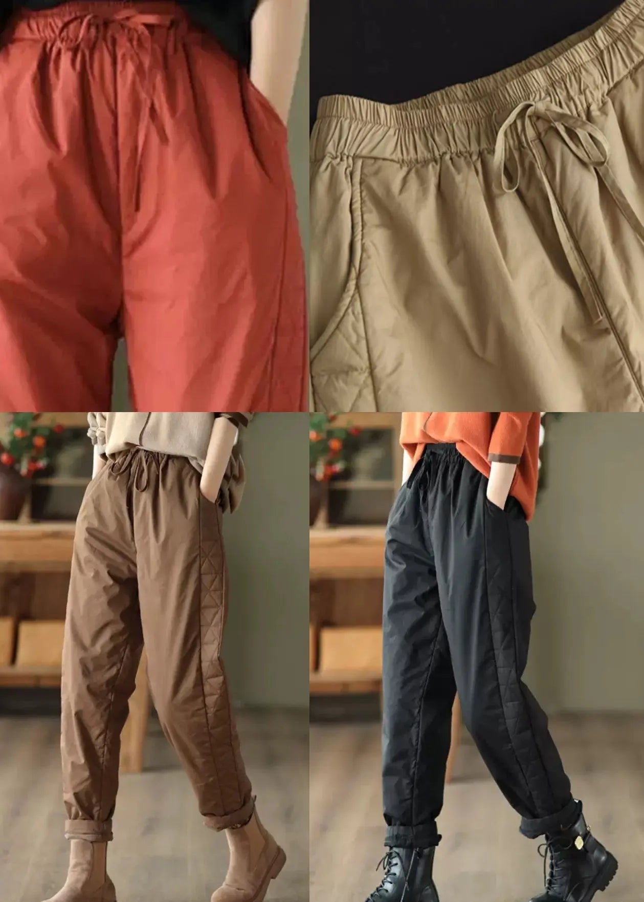 Khaki Pockets Patchwork Fine Cotton Filled Pants Elastic Waist Winter Ada Fashion