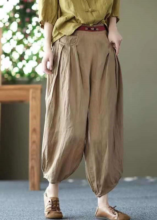 Khaki Pockets Patchwork Linen Crop Pants Elastic Waist Summer LY0593 - fabuloryshop