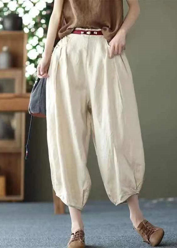 Khaki Pockets Patchwork Linen Crop Pants Elastic Waist Summer LY0593