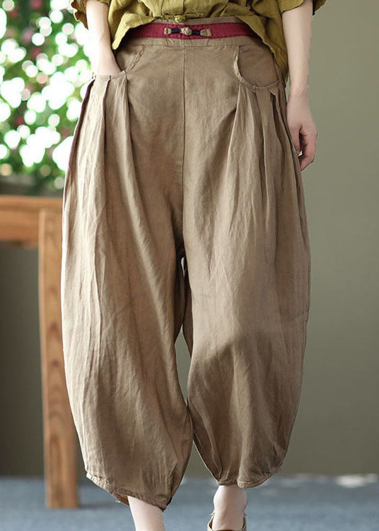 Khaki Pockets Patchwork Linen Crop Pants Elastic Waist Summer LY0593 - fabuloryshop