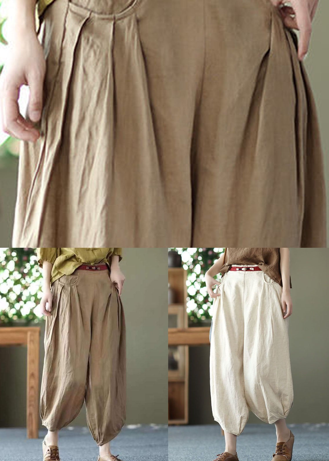 Khaki Pockets Patchwork Linen Crop Pants Elastic Waist Summer LY0593 - fabuloryshop