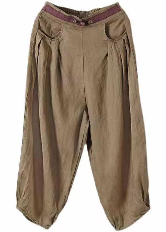 Khaki Pockets Patchwork Linen Crop Pants Elastic Waist Summer LY0593