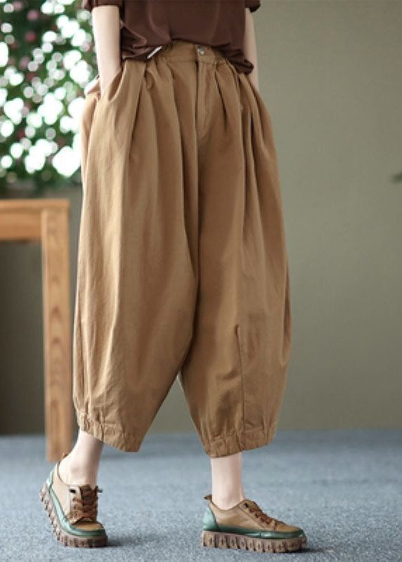 Khaki Pockets Patchwork Linen Crop Pants Wrinkled Summer LY0622 - fabuloryshop