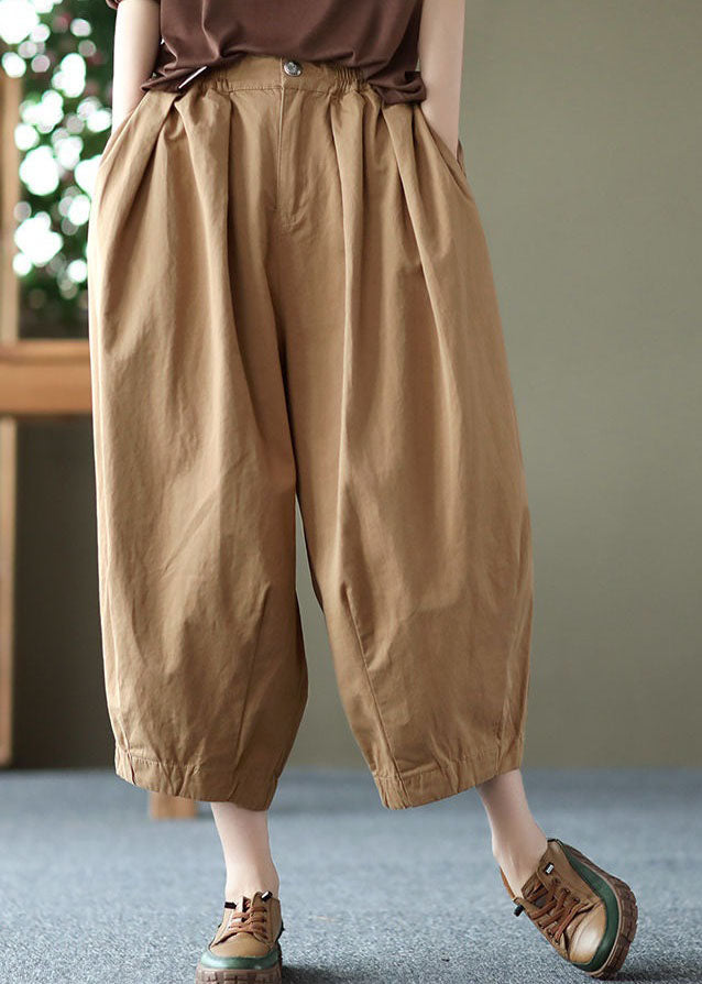 Khaki Pockets Patchwork Linen Crop Pants Wrinkled Summer LY0622 - fabuloryshop